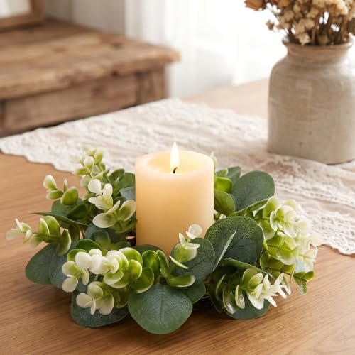12 Pcs Candle Rings Wreaths Artificial Eucalyptus Garland Greenery Leaves Floral Candle Rings for Pillar Holder Wedding Table Centerpiece Home Decor - Image 4