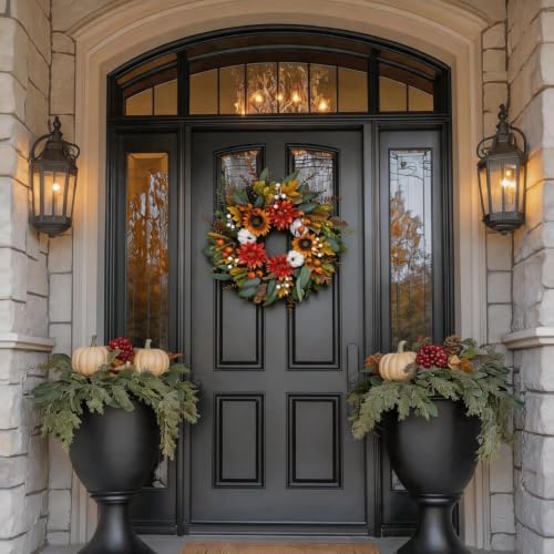 24 Inch Fall Eucalyptus Wreath for Front Door with Dahlia & Sunflower - Image 3