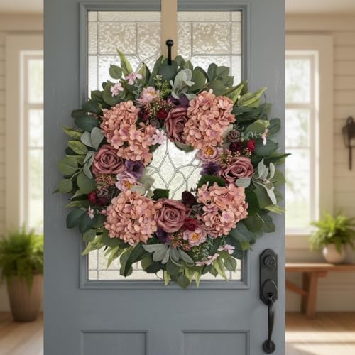 WANNA-CUL 24 Inch Pink Hydrangea Spring Wreath for Front Door - Image 3