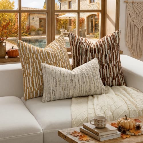 Boho Striped Decorative Throw Pillow Covers 24"X24"Set of 2 Mustard Yellow - Image 6