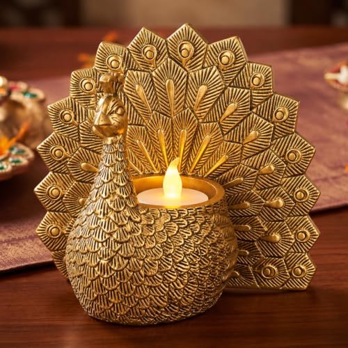 Sawysine Antique Diwali Peacock Decor Gold Peacock Tealight Candle Holder by Sawysine