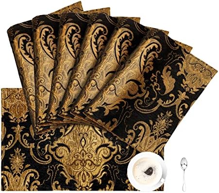 Loom and Mill Luxury Chenille Damask Placemats for Halloween,Set of 6,Black by LoomandMill