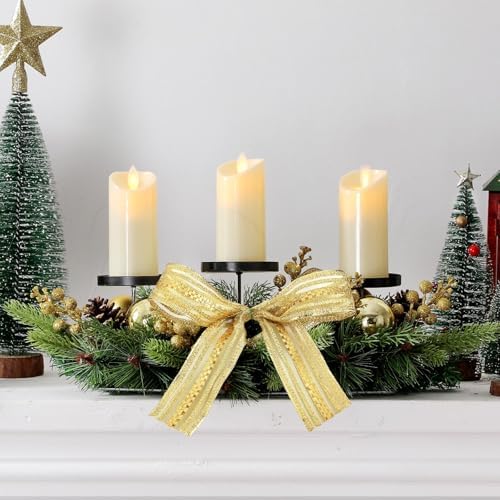 meekoo Christmas Centerpiece with 3 Candle Holders 3 LED Candles 1 String Lights Xmas Triple Candelabrum Bow Berry Pine Cones with 3 Candle Holders for Tables Home Decorations - Image 5