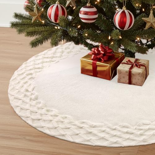 TOCHGREEN White Knitted Christmas Tree Skirt 48inch Chunky Knit Tree Skirt - Image 2