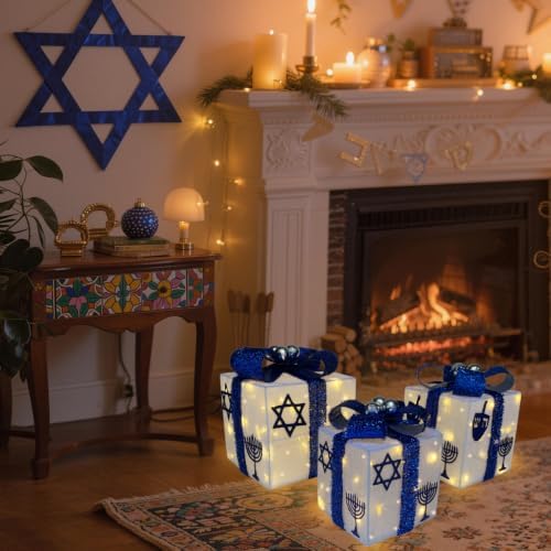 Hanukkah Light Up Gift Boxes Set of 3 Outdoor Decorations Pre-lit 80 Lights, Hanukkah Decor Lighted Present Box with Menorah, Dreidel, Star of David, Battery Operated Chanukah Decoration Jewish Décor - Image 3
