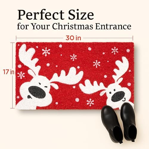 Christmas Welcome Coir Door Mat, 17"x30" Outdoor Front Door Mat, Coconut Fiber Doormat with Slip-Resistant Backing, Holiday Entry Mat with Reindeer Snowflake Design - Image 3