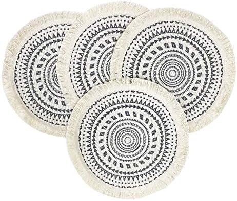 Fennco Styles Boho Geometric Fringe Decorative Cotton Placemats 13-inch Round, Set of 4 - Grey Heat Resistant Insulation Table Mats for Home Decor, Dining Table, Banquets and Special Events by FenncoStyles