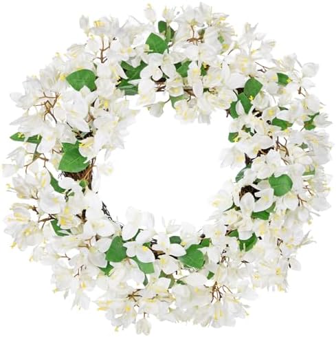 Briful Spring Wreaths for Front Door 18'' Fake Bougainvillea Flower Wreath Silk White Floral Hanging Wreath Outdoor Summer Wreath for Home Wall Fireplace Front Porch Patio Décor by Briful