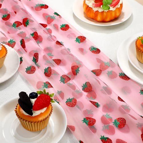 8 Pcs Strawberry Table Runner 29x70 Inch Pink Sheer Party Decor - Image 3