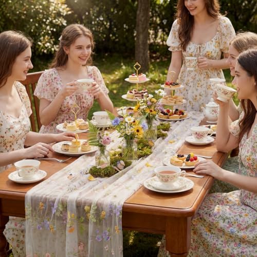 Ivory White Floral Table Runner 10ft Embroidery Tulle Wildflower - Image 2