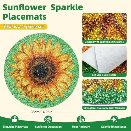 15" Sunflower Rhinestones Placemats Set of 4, Round,Green Yellow - Image 4