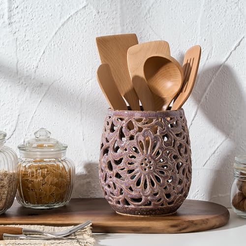 Farmhouse Kitchen Utensil Holder for Kitchen Counter, Ceramic Large Cooking Utensil Crock with Cork Mat, Countertop Cooking Tool Spatula Organizer, Purple Antique Design - Image 2