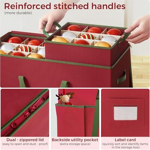 Large Christmas Ornament Storage Box, Dual Zippers, Stackable Christmas Storage Container with Lid, 6 Trays, 600D Oxford, Fits 54-4”, Red - Image 6