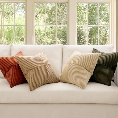MIULEE Rust-Olive Green Decorative Throw Pillow Covers 16x16 Inch Set of 4 Boho Color-Clash Cushion Cases Farmhouse Pillow Cases Corduroy Striped Home Decor for Couch Sofa Living Room Bed - Image 2