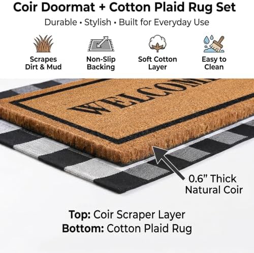 Homydecor Buffalo Plaid Rug and Coir Welcome Doormat Set for Front Porch - Image 4
