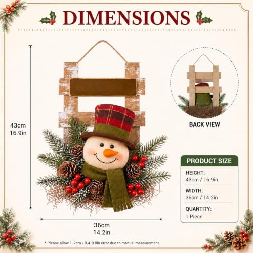 Suncalla 17 Inch Christmas Snowman Wreaths for Front Door Wood Hanging Sign - Image 3