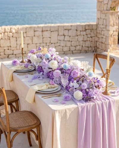 36inch Aisle Flower Garland with Chiffon Sheer Drape, Artificial Flowers Purple & White Rose with Hydrangea, Floral Runner for Wedding Arch, Backdrop, Reception Table Decor, Ceremony Pathway - Image 2
