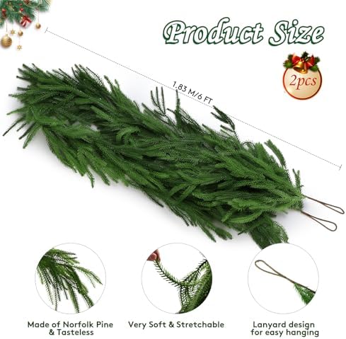 2 Pack Christmas Norfolk Pine Garland 6FT, Real Touch Greenery - Image 6