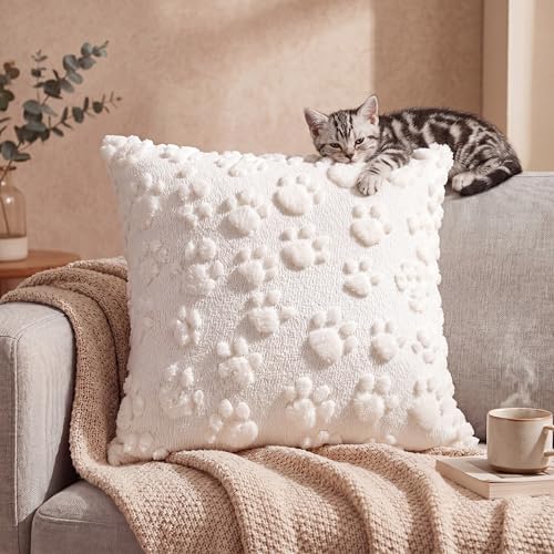 Tiamon 4 Pcs Paw Pillow Covers Paw Print Throw Pillow Covers 18 x 18 Inch Animal Pet Dog Cat Footprints Plush 3D Faux Fur Jacquard Embroidered Cushion Cases for Bed Sofa Couch Decorations by Tiamon