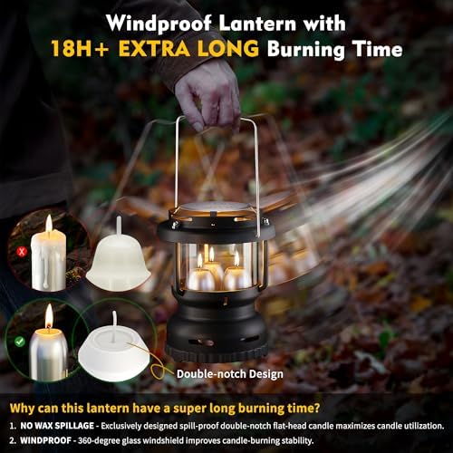 3-Wick Candle Lantern for Power Outages, 18H Emergency Light, Matte Black - Image 2