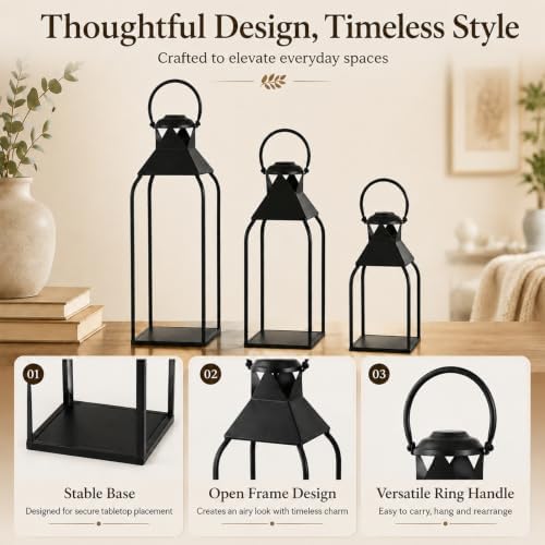 20" 15.7" 12" Lanterns Decorative Indoor Outdoor, Black Metal Set of 3 - Image 4