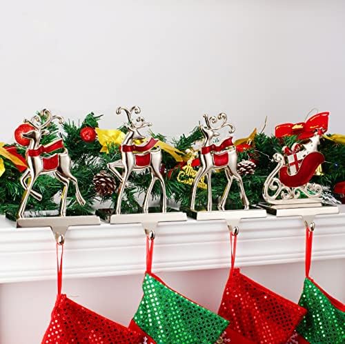 Reindeer & Sleigh Stocking Holder Set for Mantle Set of 4,Christmas Deer Stocking Hangers for Firepiece,Christmas Decorations Mantel Hanger for Stocking/Garland (Deer-Sleigh Silver) - Image 5