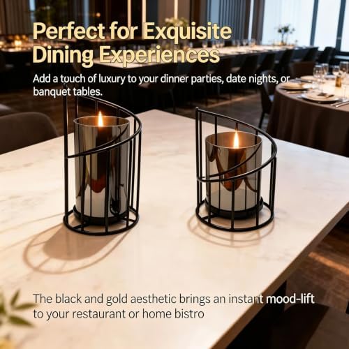 Metal Wire Candle Holder Set with Glass Inserts, Gold and Black Decorative Tea Light Holders, 2 Piece Set, 16cm and 20cm - Image 2