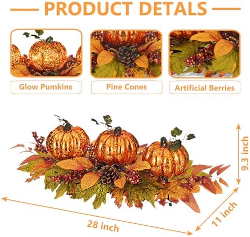 BAYN Fall Table Centerpiece with 3 Harvest Pumpkins, Lighted with Timer for Thanksgiving Table Decorations Centerpieces, Autumn Home Decor Battery Operated, 28 Inches - Image 4