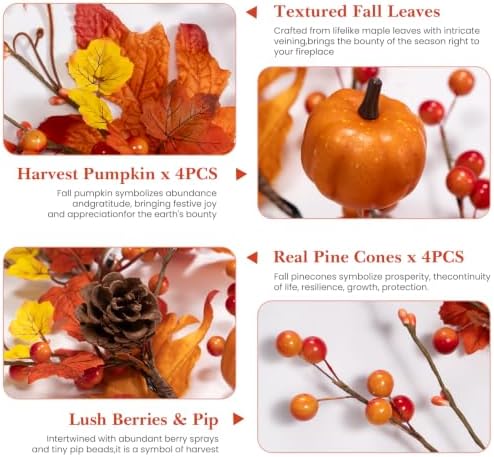 6 FT Fall Garland with 20 Lights & Timer, Pre-lit Lighted Fall Leaves Garland with Pumpkins Pine Cones Berries, Battery Operated Autumn Berry Garland Decor for Mantle Table Fireplace Thanksgiving - Image 6