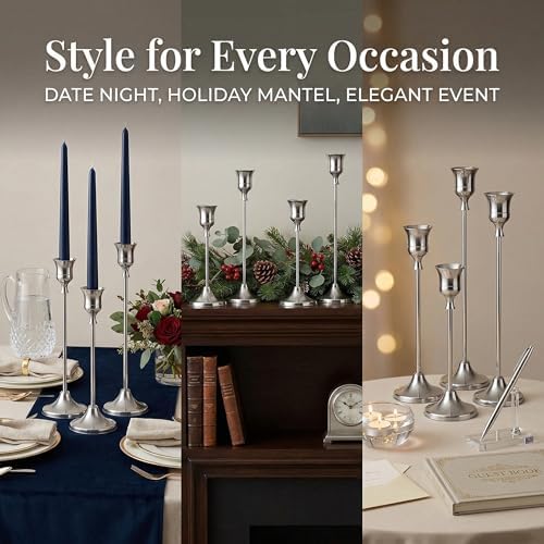 Silver Taper Candle Holders 4 Sets(12 Pcs) - Tall Metal Candlestick Holders for Table Centerpiece, Formal Dinner, Wedding, Fireplace Mantel Decor, Fits 3/4 Inch Thick Candles - Image 7