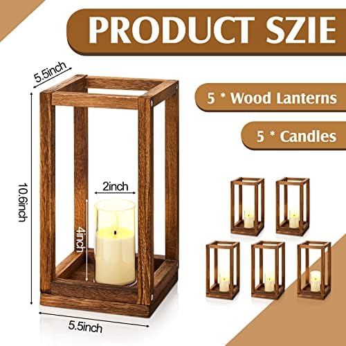 Sabary 5 Sets/ 10 Pcs Wooden Lantern Centerpieces with Candles, Caramel - Image 3