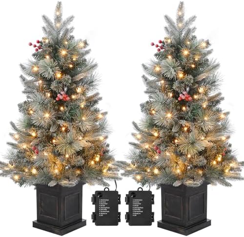 3FT Prelit Snow Flocked Christmas Tree with Prelit Premium 70 LED 8 Mode Battery Powered Mini Small Xmas Tree for Christmas Decoration Gift,Home,Office,Outdoor,Indoor with Classic Black Base-2PCS by GaoMon
