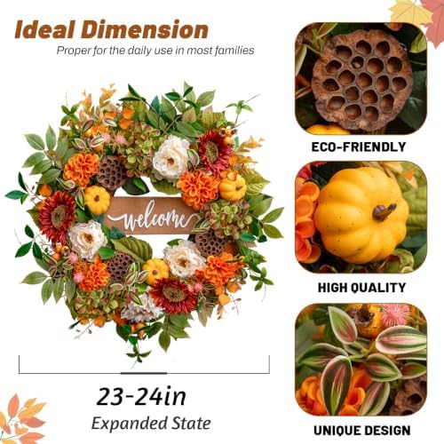 24 Inch Fall Wreaths for Front Door, Autumn Door Decor Thanksgiving Wreaths - Image 4