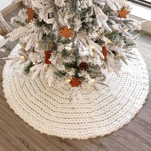 48 inch Christmas Tree Skirt: Chunky Knit Tree Skirt for 7.5ft Tree, Crochet Cream White Tree Skirt, Vintage Tree Skirts, Rustic Farmhouse Christmas Decorations - Image 3