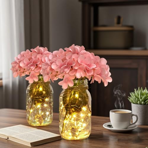 4 Sets Hydrangea Mason Jar Centerpiece with LED Lights for Wedding - Image 6