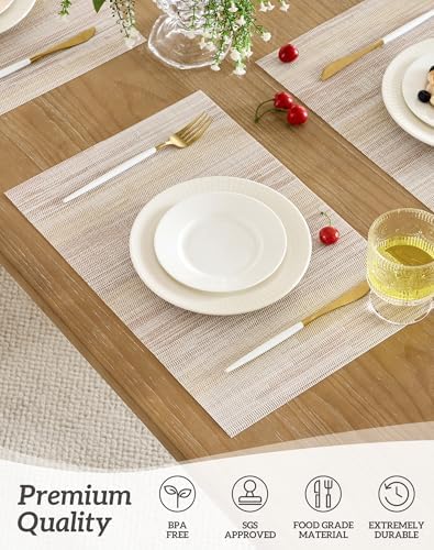 Leetaltree Lightsteel Beige with Yellow Placemats Set of 12 - Heat Resistant Non-Slip Place mats for Dining Table, Washable Durable PVC Vinyl Woven Table Mats (Lightsteel Beige with Yellow, 12) - Image 2