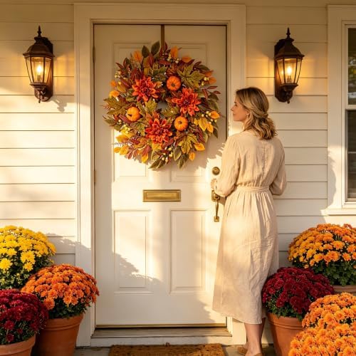 Fall Wreath for Front Door, 25inch Autumn Door Wreath with Pumpkin, Dahlia, Berries, Eucalyptus Leaves for Indoor Outdoor Wall Window Thanksgiving Harvest Festival - Image 7