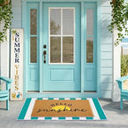 2 Pcs Layered Front Porch Decor, Hello Sunshine Welcome DoorMats Summer Coastal Entryway Rug Set, Light Blue White Striped Crystal Velvet Base and PVC Coil Door Mat, 15.7x23.6 & 23.6x31.5 by Unknown