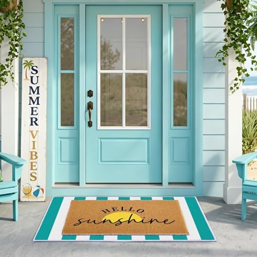 2 Pcs Layered Front Porch Decor, Hello Sunshine Welcome DoorMats Summer Coastal Entryway Rug Set, Light Blue White Striped Crystal Velvet Base and PVC Coil Door Mat, 15.7x23.6 & 23.6x31.5 by Unknown