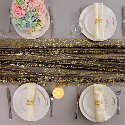 Snowkingdom 6 Pcs Black & Gold Cheesecloth Table Runner 10 FT, Sheer Chiffon Sparkle Gauze Mesh Runners 120 Inch, Glitter Table Centerpieces Decoration for Birthday Party Wedding Christmas Halloween - Image 6