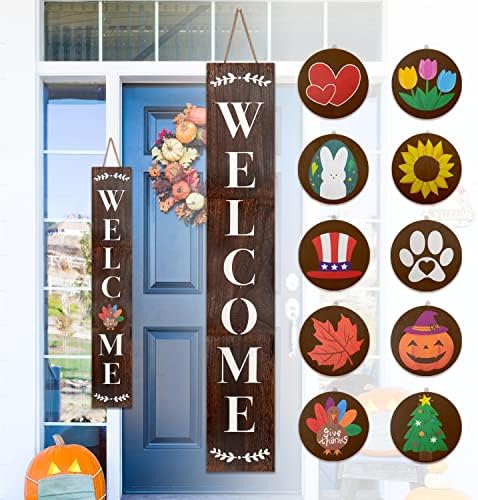 Monjita Welcome Sign for Front Porch Standing, Interchangeable Welcome Standing Sign with 5 Designed DoubleSided Icons for Front Door, All Seasonal Farmhouse Rustic Modern Porch Decor for Fall - Image 2
