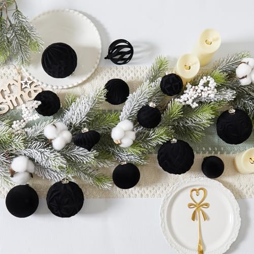 30pcs Velvet Christmas Ball Ornaments, Flocked Shatterproof Christmas Ornaments Hanging Xmas Tree Decorations Set for Home Party Holiday Decor (Multi-Size, Black) - Image 3