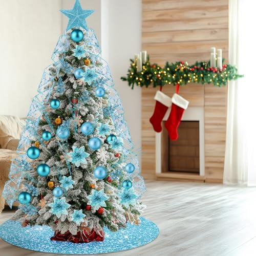 Realspring 72 Pieces Christmas Tree Ornament Set Xmas Assorted Decorations Bulk Glitter Poinsettia Berry Picks Topper Star Sequin Tree Skirts for Home Wreaths Holiday Party Favors (Light Blue) - Image 6
