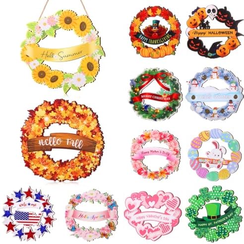 Geelin 12 Pcs Easter Seasonal Sign 12 Inch Hello Spring Door Decoration Rabbit Wood Wreath Holiday Wall Hanging Art for Easter 4th July Summer Outdoor Decor by Geelin