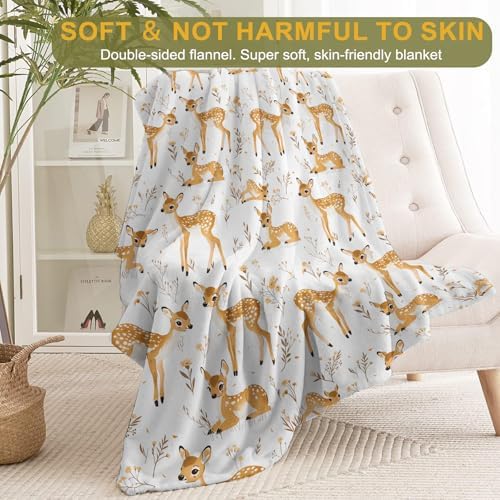 Cute Deer Fleece Blanket - Lightweight Soft Cozy Gifts Throw for Nature Lovers,Kids,Girls,Women,Sweet Animal & Floral White Blankets,Home Room Modern Art Decor 60x80in - Image 2