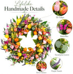 24 Inch Spring Wreaths for Front Door, Artificial Tulip Wreath with Lights & Butterflies, Spring Summer Easter Wreath for Indoor Outdoor Decor - Image 4