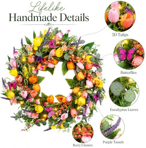 24 Inch Spring Wreaths for Front Door, Artificial Tulip Wreath with Lights & Butterflies, Spring Summer Easter Wreath for Indoor Outdoor Decor - Image 4