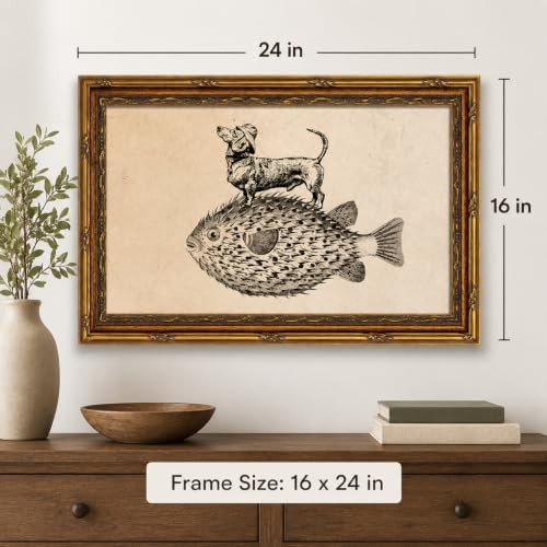 Gold Framed Dog on Fish Wall Art, Funny Animal Canvas Print, 24x16 - Image 5