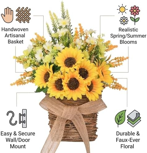 Sunflower Basket Wreath for Front Door - Handwoven Rattan Wreath with Sunflower and Wildflower Bouquet, Farmhouse Spring and Summer Porch Decor - Image 2