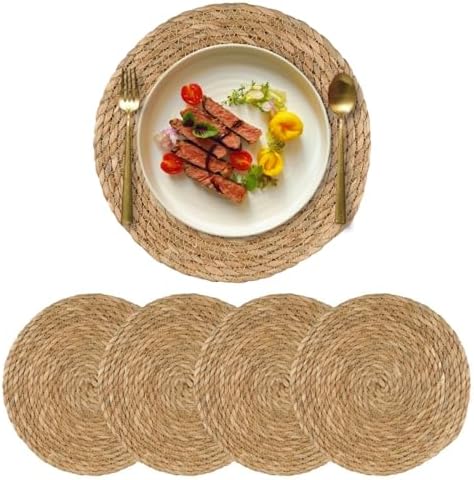 15 inch Round Woven Placemats Set of 4, Boho Rattan Natural Hand-Woven Water Hyacinth Placemats, Chargers for Dinner Plates, Farmhouse Weave Place Mats, Rustic Wicker Table Mats Decor for Home,Wedding by Qavinch